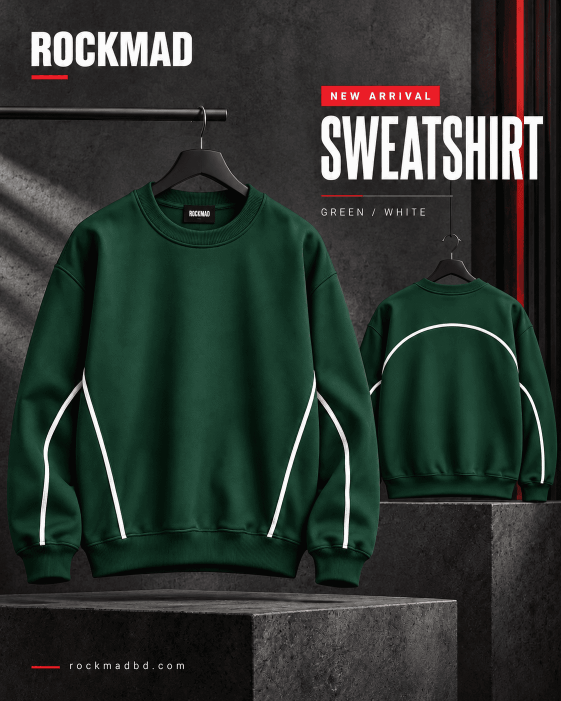 ROCKMAD black, white and bottle green crewneck sweatshirts with contrast piping — winter collection in Bangladesh