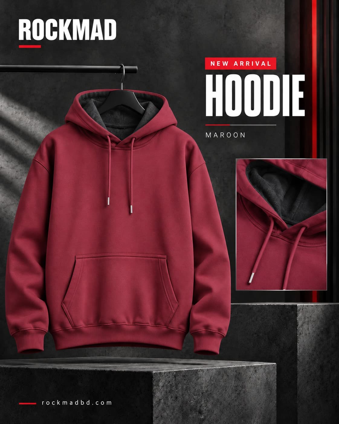 ROCKMAD black pullover hoodie with adjustable drawstrings, a kangaroo pocket and ribbed cuffs.